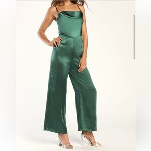 Lulus Perfect Night Emerald Green Satin Cowl Neck Culotte Jumpsuit